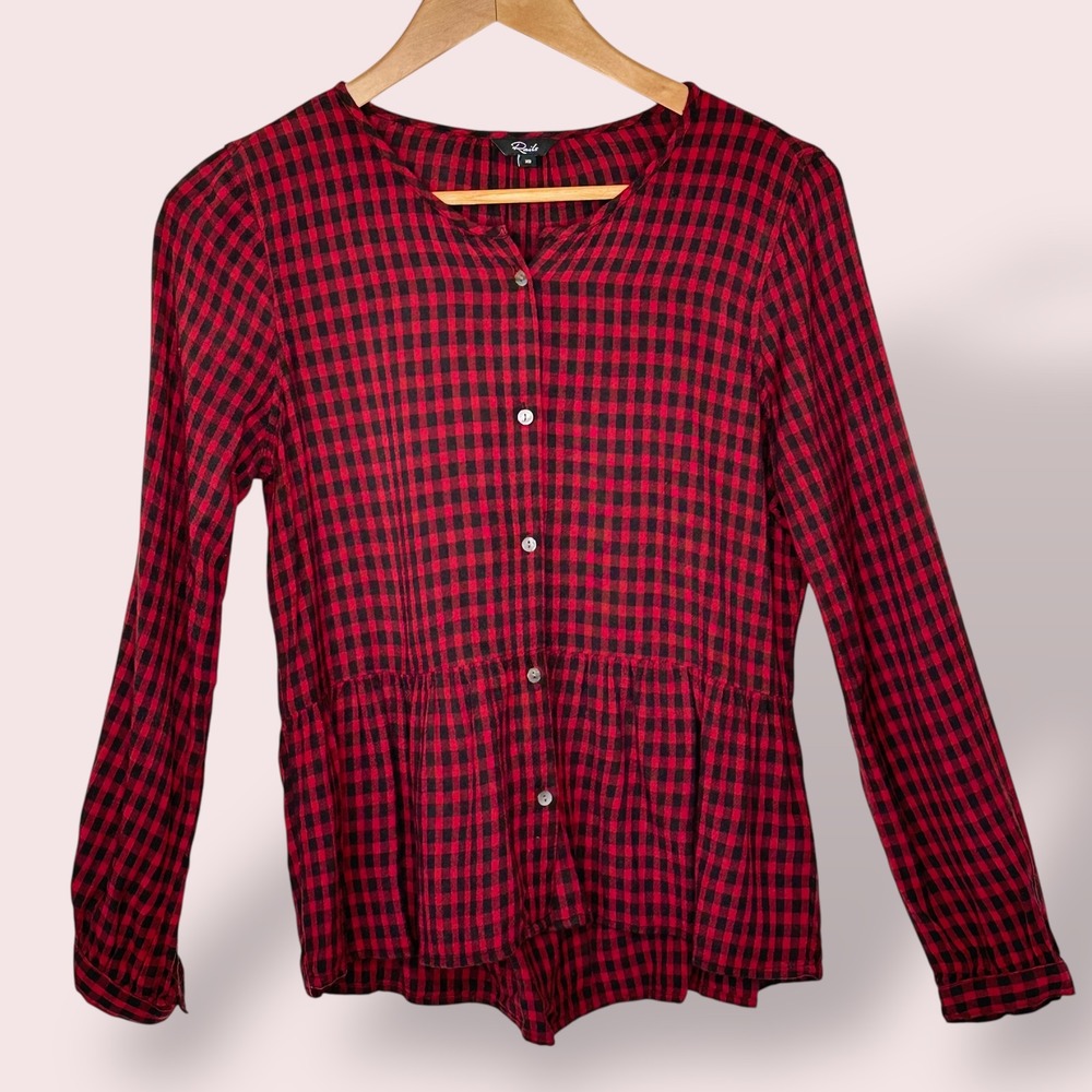 Rails Celest Button-Down Peplum Top Red Black Plaid Long Sleeve‎ Blouse Size XS